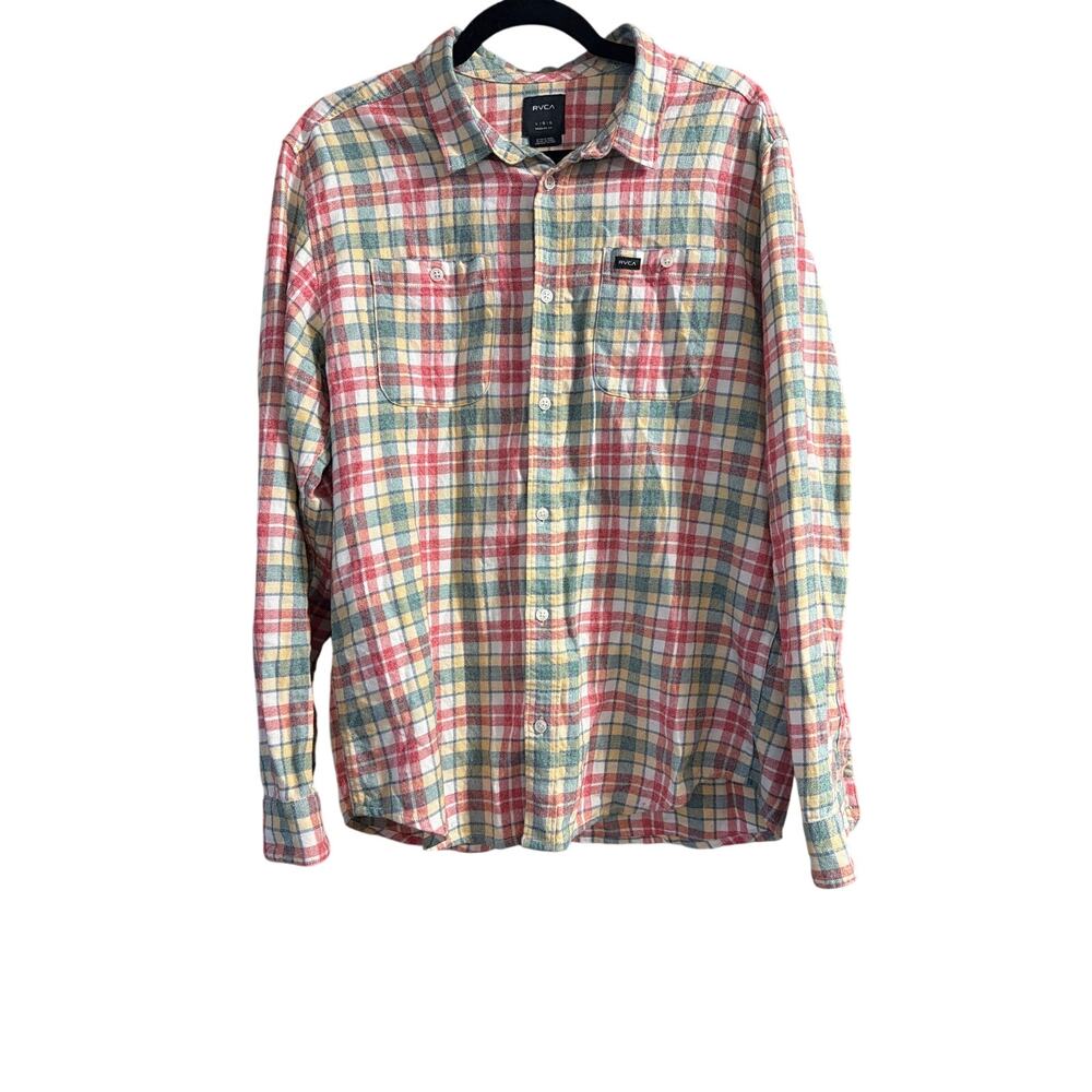 RVCA Men's Green Yellow Blue Red Plaid Button Down Shirt Size Large L